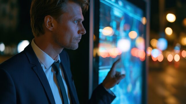 Man in suit interacting with a glowing digital screen at night