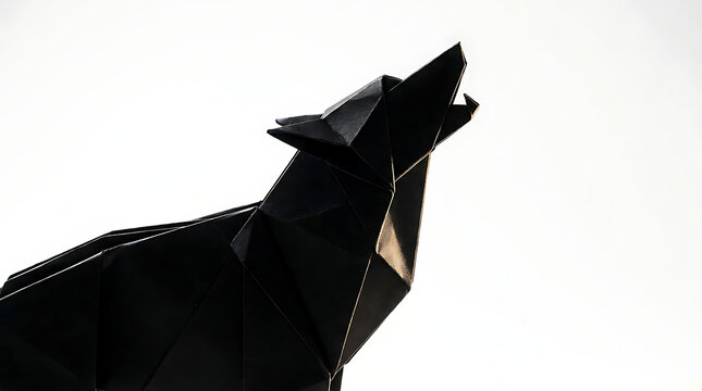 Stunning dark black origami wolf howling isolated on transparent background for creative projects