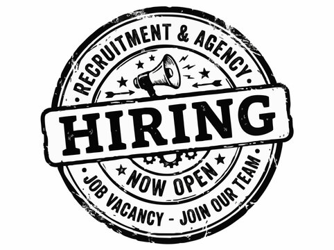 Hiring label vintage stamp job vacancy recruitment emblem rough black white outline vector isolated white background.