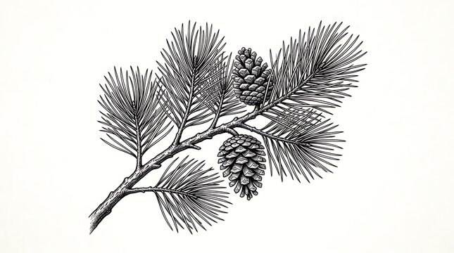 Black and white ink illustration of a pine tree branch with needles and a single pinecone isolated