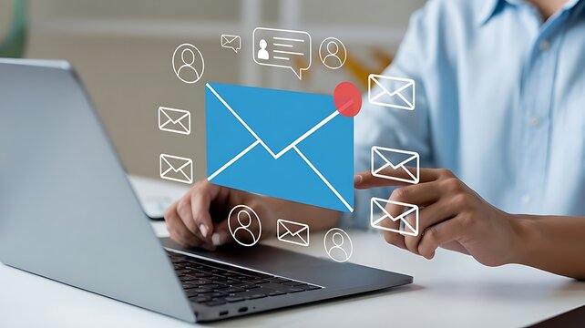 Businessman working on laptop with digital email icons marketing message notification concept