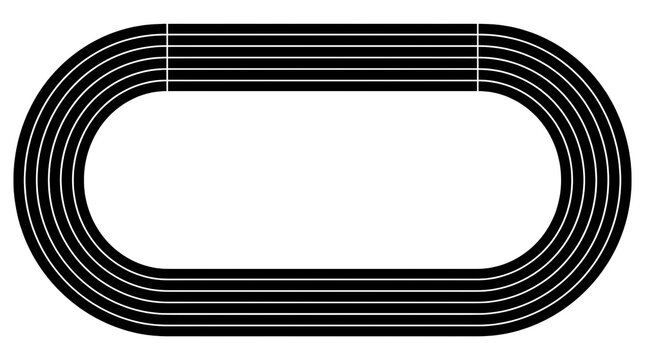 Overhead view of black oval running track lanes.