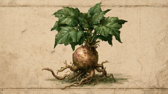 Botanical illustration of a mandrake root with translucent background
