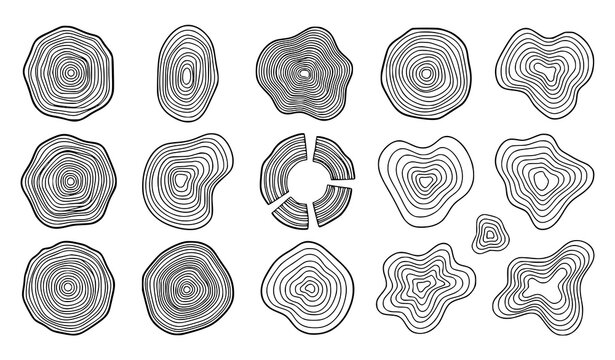 Wood grain tree ring icon collection organic shapes hand drawn contour texture design vector illustration