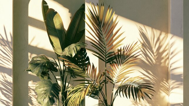 Lush tropical plants with dramatic sunlight and shadow play on wall