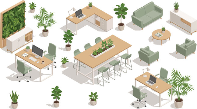 Isometric office furniture arrangement with plants on a white background
