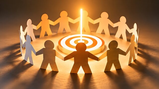 Community goal alignment concept showing paper chain figures holding hands around a glowing target with bright central beam