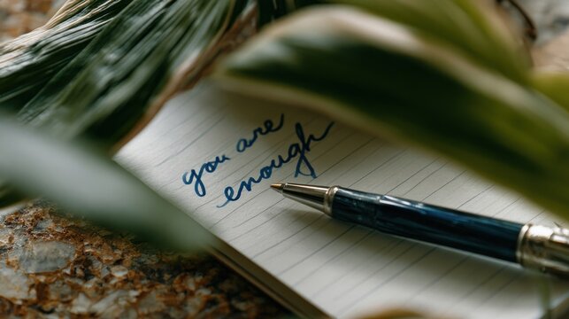 Affirmation you are enough written on notebook with pen and blurred green leaves