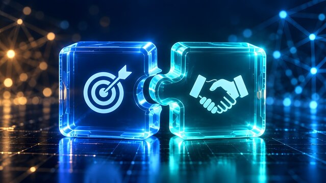Strategic digital partnership concept featuring glowing puzzle pieces connecting a business target and handshake icon in futuristic cyberspace