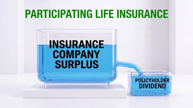 Participating Life Insurance Concept with Connected Containers Showing Company Surplus and Policyholder Dividend