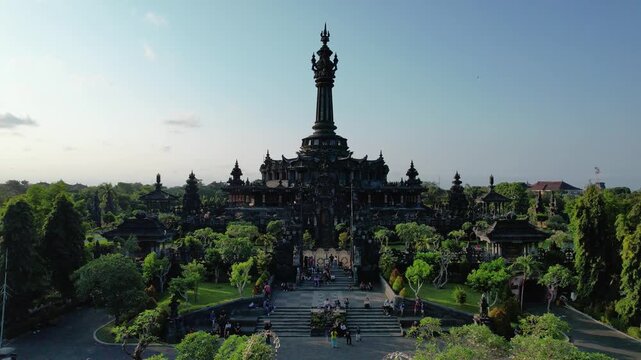 Aerial drone view of Traditional balinese hindu temple Bajra Sandhi monument in Denpasar, Bali, Indonesia