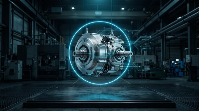Futuristic metallic electric motor engine hovering with glowing digital circuit ring in modern automated factory symbolizing smart industrial manufacturing