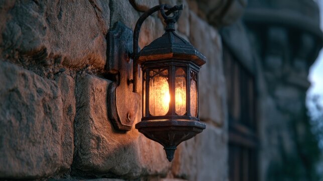 Rustic antique lantern glows warmly on a textured stone wall at dusk