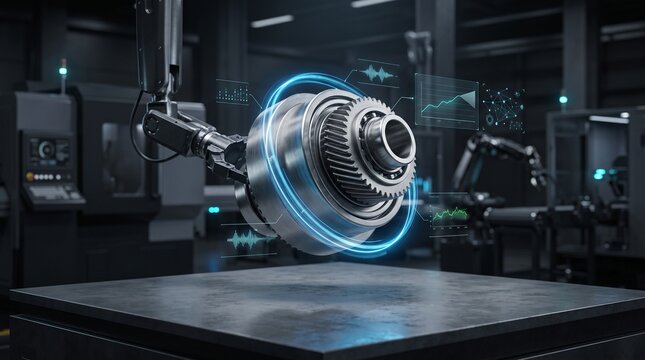 Robotic mechanical arm holding steel gear component with digital analytics hud screen in automated factory representing smart manufacturing concept