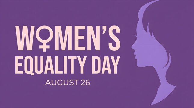 Women equality day banner with text and female silhouette profile illustration on a purple background for august 26 event