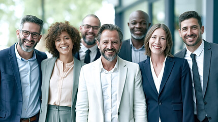Fototapeta premium A group of business professionals smiles for a photo in a modern office setting while standing together to showcase teamwork, unity, and corporate achievement.