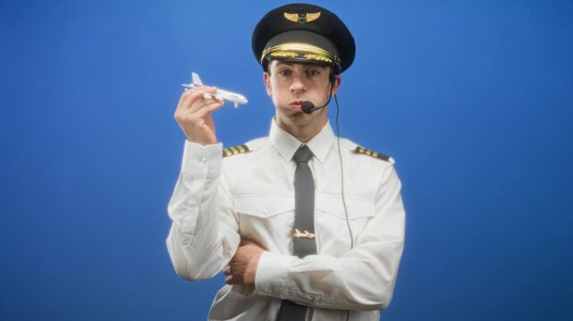 Man pilot in uniform holding toy airplane with raised hand and puffed cheek gesture in studio; playful professionalism.