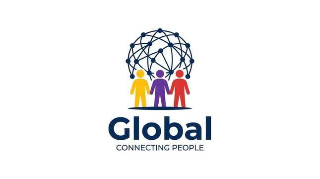 Global connection logo with colorful human figures standing together under a network globe icon for community unity