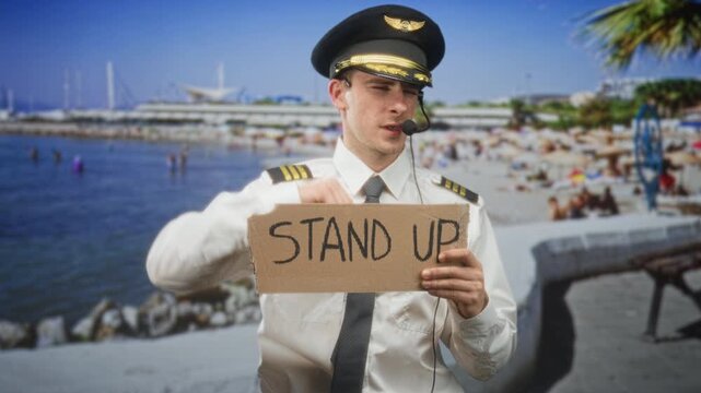 Young pilot man in uniform holding cardboard sign reading stand up while raising fist on a street by the beach; encouragement.
