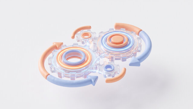 3D isometric glass gear mechanism with glowing inner ring for business workflow efficiency concept