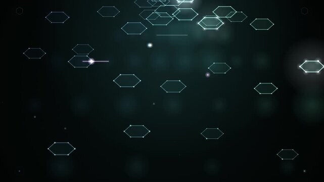 A looping animation displays glowing hexagonal shapes floating across a dark background with subtle light effects.