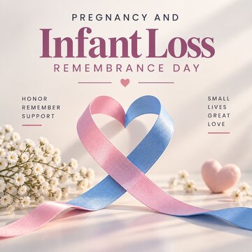Pink and blue awareness ribbon shaped into a heart with baby breath flowers for infant loss