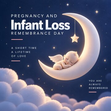 Sleeping angel baby rests upon a glowing crescent moon surrounded by clouds in a starry night sky