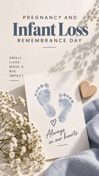 Baby footprints stamped on paper card with heart icon for pregnancy and infant loss remembrance day