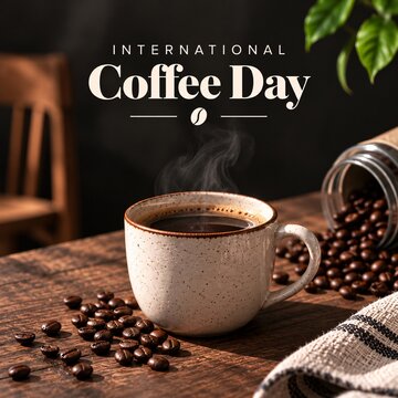 Steaming cup of coffee on wooden table with beans for international coffee day celebration at home