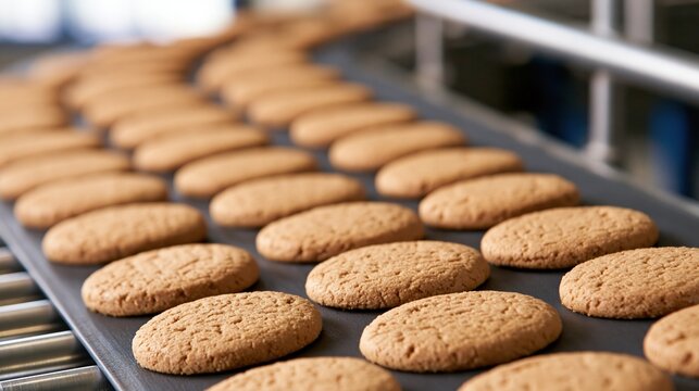Freshly baked cookies moving along factory conveyor belt
