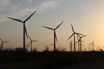 Fototapeta premium View of a wind farm along a highway in Kazakhstan.
