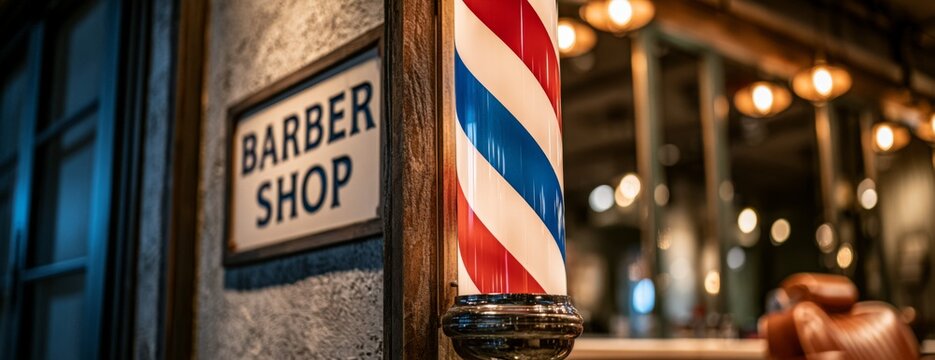 Barbershop sign at the entrance with barber pole in modern interior  