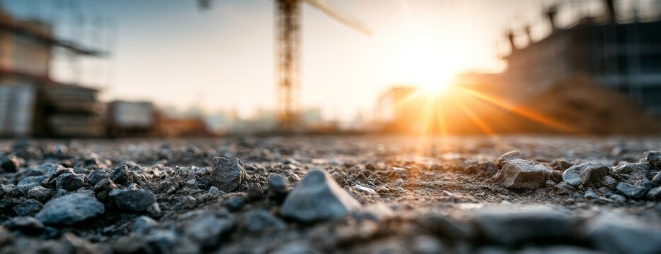 Close-up view of a construction site with cranes at sunset  