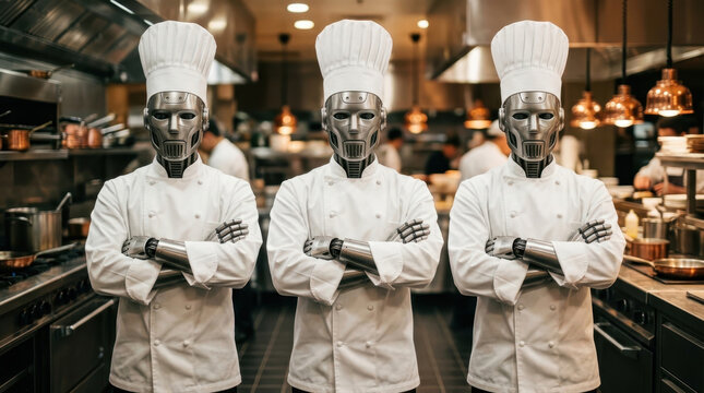 Robot chefs with folded arms wearing white uniforms and traditional hats in a professional kitchen