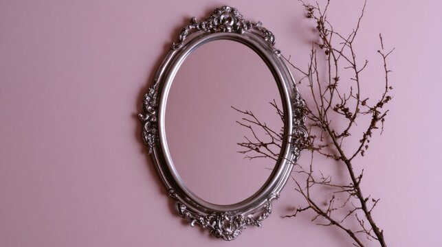 Antique silver ornate oval mirror reflecting pink wall with bare branches