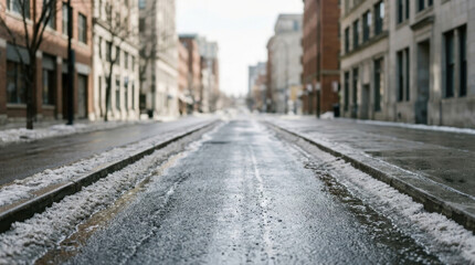 Fototapeta premium Empty city street with melting snow on the curbs between historic urban architecture buildings
