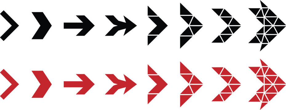 Collection of black and red arrow icons in various geometric styles with triangle pattern red arrows navigation pointer arrow head
