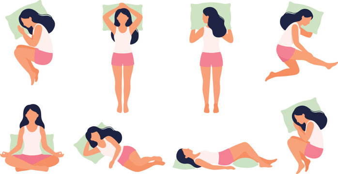 Women Sleeping Positions and Sleep Postures Flat Vector Illustration