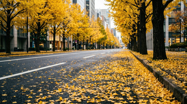 Autumn street in Tokyo with vibrant yellow ginkgo trees lining the urban road covered in fallen leaves