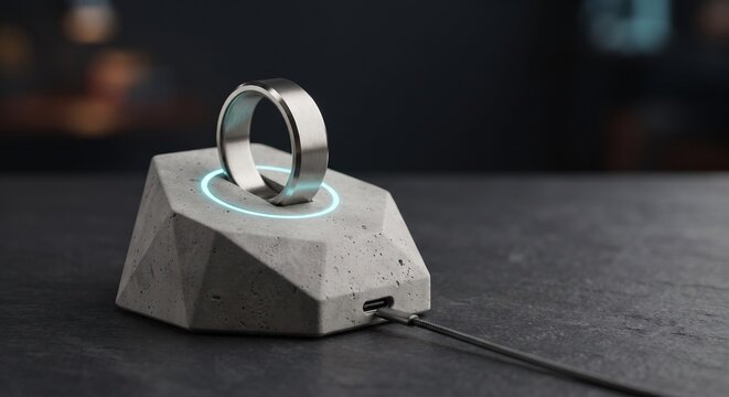 Titanium Smart Ring Resting on Minimal Magnetic Charging Dock with Illuminated Status LED Ring Close Up