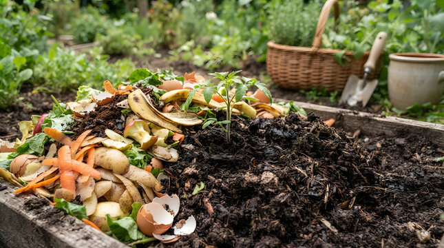 Organic kitchen waste composting in a wooden garden bed with a small tomato plant.