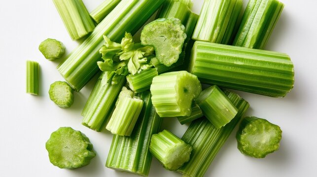 Pile of fresh cut celery stalks and pieces on transparent background