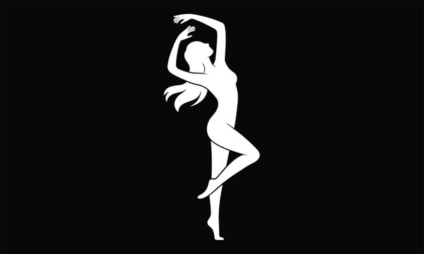 Graceful female silhouette dancing with arms raised against a stark black background in elegant motion