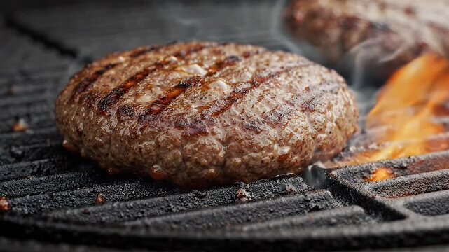 Juicy Grilled Meat Patty Cooking on Hot Grill with Flames - A close-up shot of a perfectly cooked, thick meat patty sizzling on a hot grill.