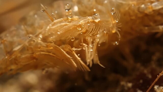 Microscopic detail of amphipod crustacean legs with fine bristles in natural aquatic environment