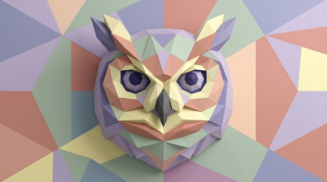 Pastel low poly owl head wall sculpture on geometric background