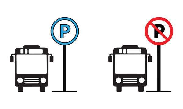 Public Transit Bus Parking and No Parking Prohibition Traffic Sign Flat Vector Icon Set