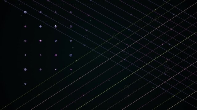 An abstract graphic design features intersecting diagonal lines and circular nodes forming a seamless loop pattern against a dark background.