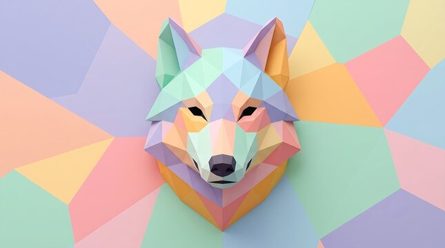 Pastel low poly wolf head wall sculpture on colorful geometric background