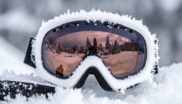 Macrophotography of crystalline hoarfrost accretion on winter ski goggles, illustrating atmospheric ice sublimation and light reflection physics principles within alpine environments